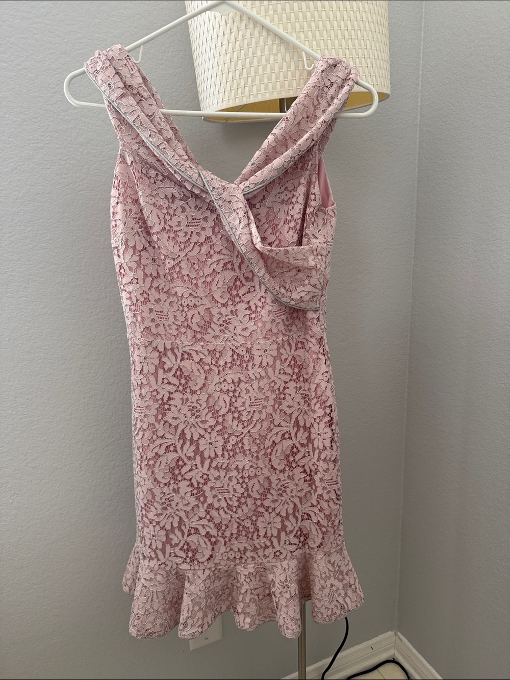 NBD Off-shoulder Sleeves Pink Lace, Silver Trimming Ruffle Hem Dress